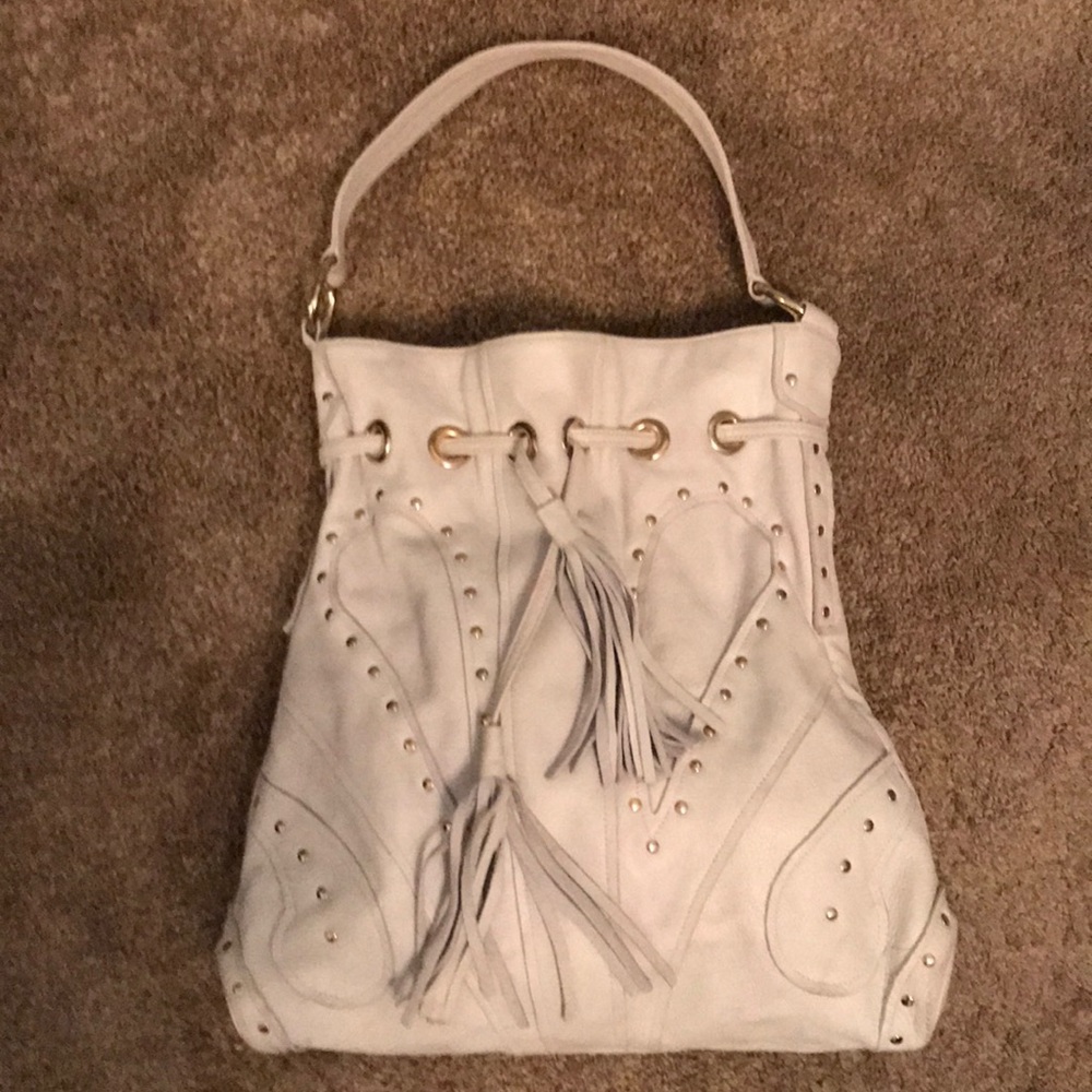 BULGA BAG. White w drawstring tassels